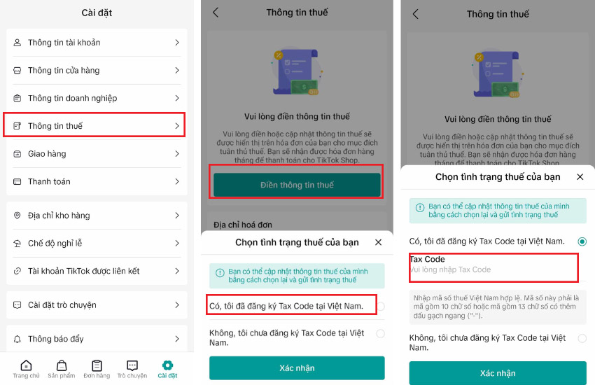 Cach dien thong tin thue tren TikTok Shop