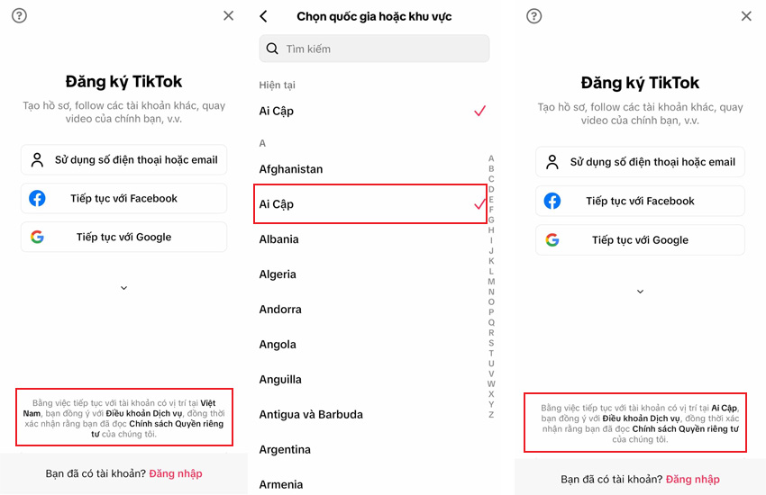 Chon vi tri ai cap de lap tai khoan TikTok