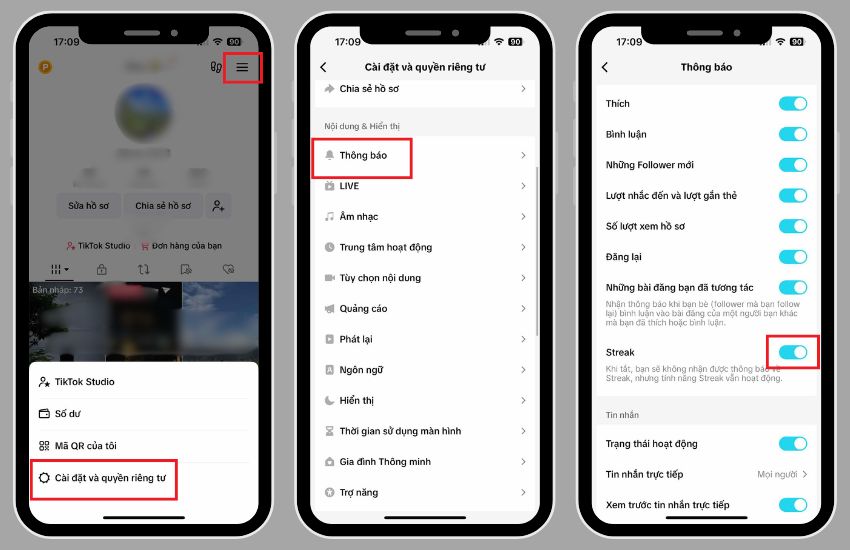 cach bat thong bao streak tren tiktok