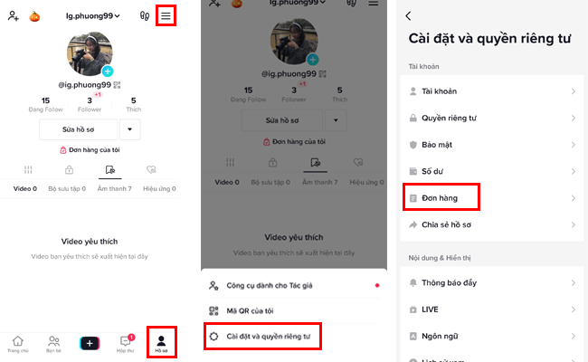 tại sao không có mục đơn hàng trên TikTok