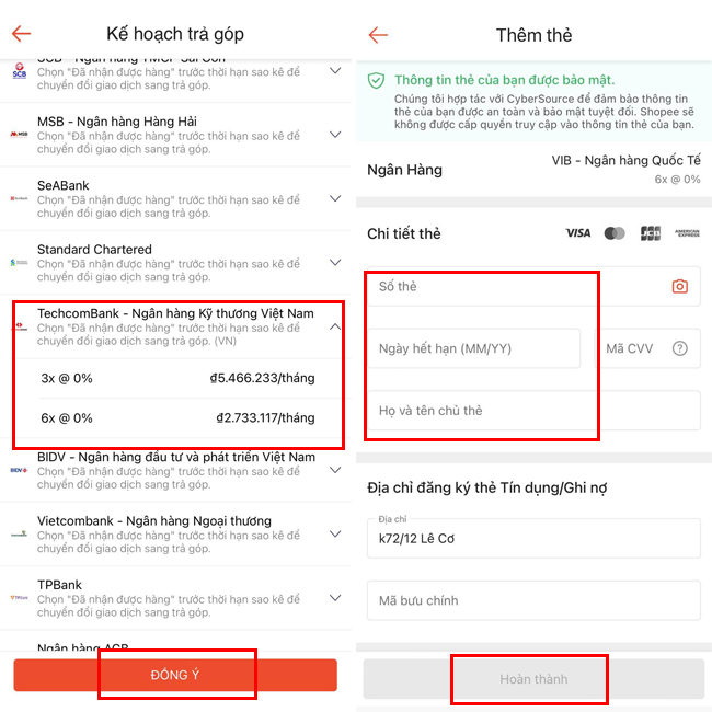 Mua trả góp bằng thẻ tín dụng trên Shopee